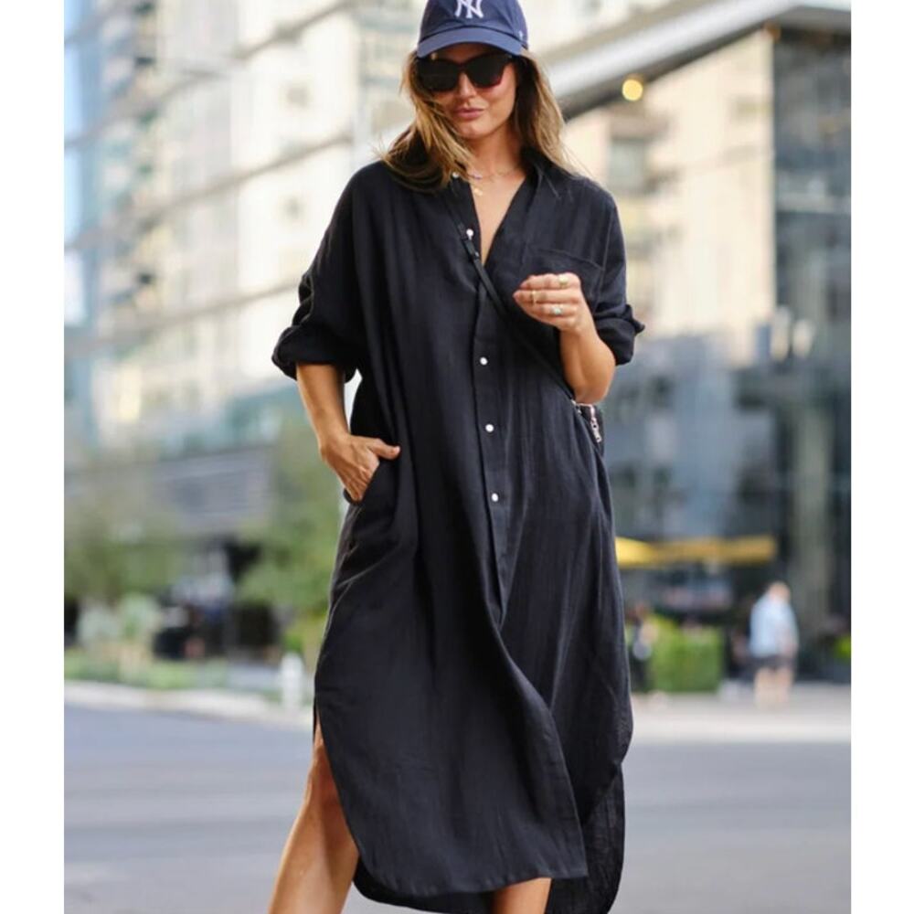 MAMENE Sz 0 XS Black Linen Cotton Blend Florence Shirt Dress Maxi
